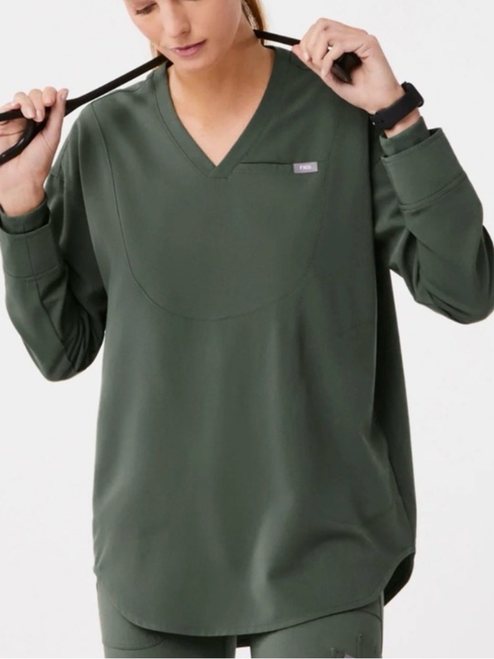 FIGS Figs Moss Halle Longsleeve V-Neck Tunic Scrub Top | Size L